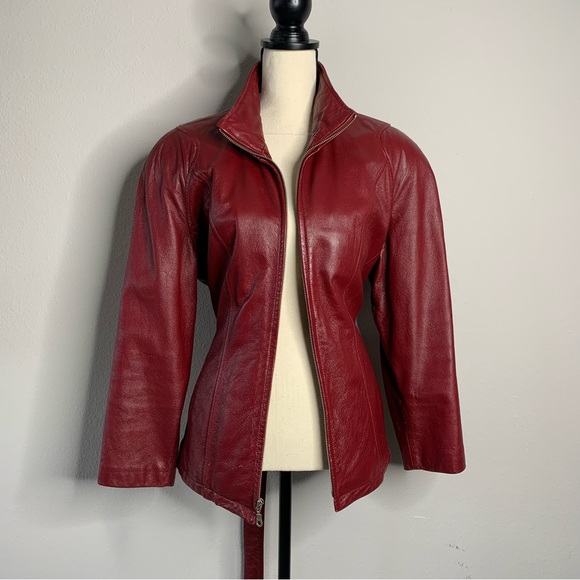 Wilson Leather Vintage Burgundy Leather Belted Jacket Coat - Picture 5 of 11
